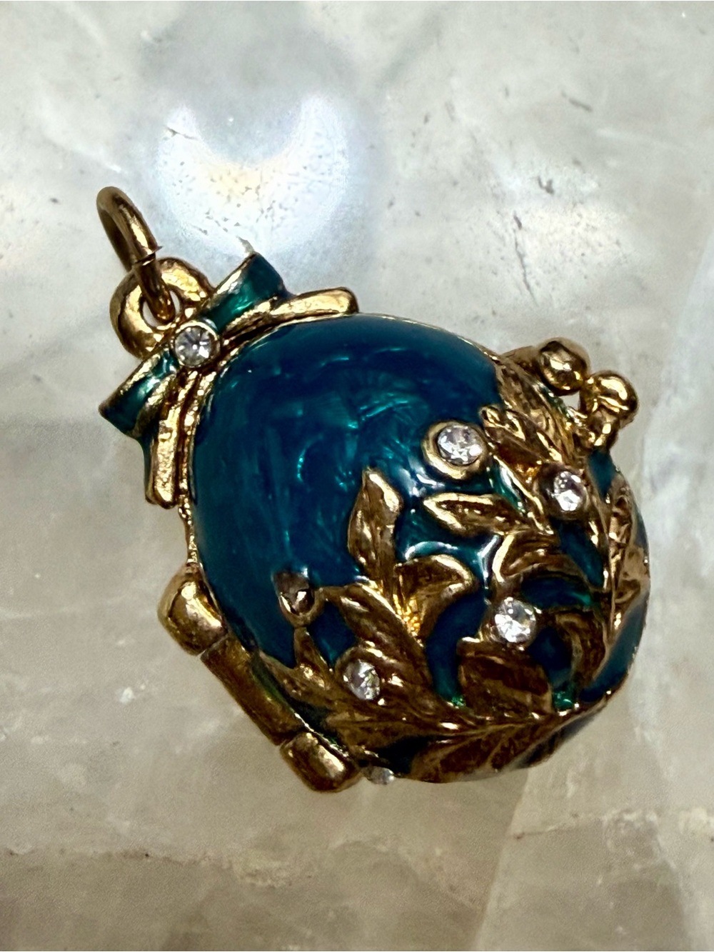 Gold-Tone Blue Enamel Egg Pendant with Crystal Laurel Detail/ ANGEL inside